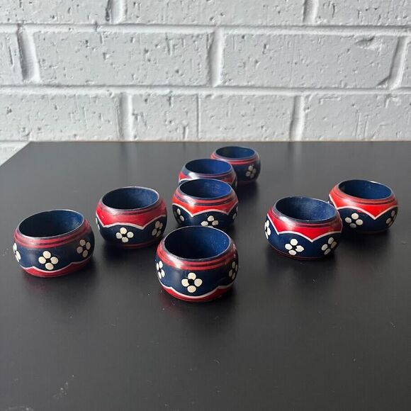 Vintage Wooden Napkin Rings Handpainted India Daisy's Tribal Boho Style set of 8 - Picture 2 of 7